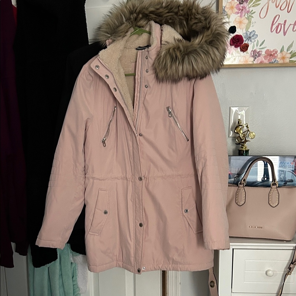 Nautica Women's Blush Puffer Coat with Fur Hood